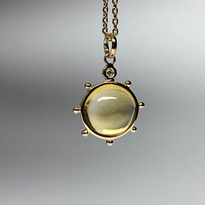 Mini 14k solid yellow gold, genuine yellow citrine cabochon, 10mm, natural white diamond pendant “Sun”, small size, smooth polished