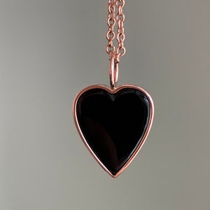 14k solid rose gold, genuine black onyx heart pendant, charm, flat polished gemstone, small size, pink gold