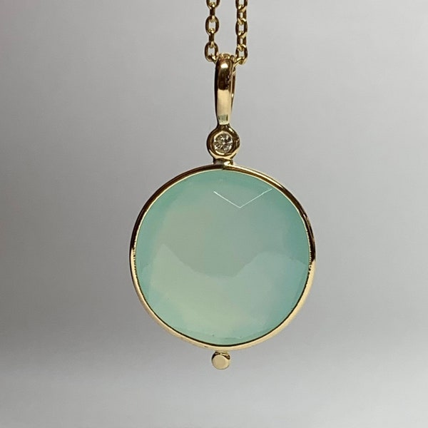 14k solid yellow gold, natural white diamond, aqua blue chalcedony pendant, 14mm round gemstone, double sided checkerboard cut, faceted
