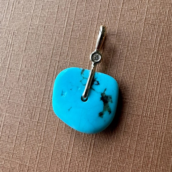 14k solid yellow gold, natural white diamond, genuine blue turquoise sloppy “donut” pendant, small size