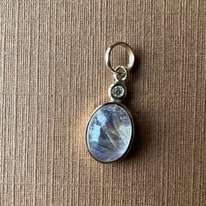Tiny 14k solid yellow gold, natural diamond, blue rainbow moonstone cabochon mini pendant, oval shaped, earth mined, charm