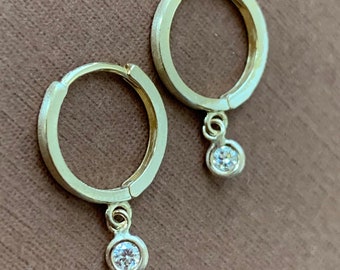 No import tariffs! Mini 14k Solid Yellow Gold, Natural white Diamond Hoop Earrings, Tiny Drop