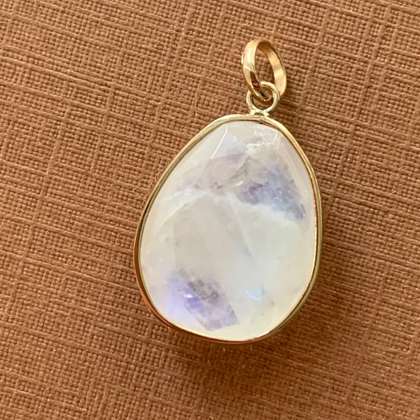 14k solid yellow gold, natural untreated rainbow moonstone pendant, rose cut, free form, organic shape, faceted, white, small, charm