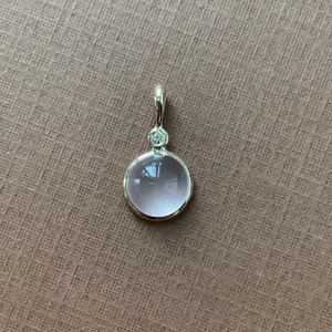 14k solid yellow gold, natural white diamond, 8mm round pink quartz pendant, cabochon, mini size, small, genuine gemstone