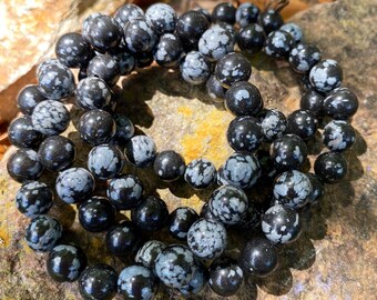 Pulseras elásticas de obsidiana con copos de nieve, recuerdo de vidas pasadas, perseverancia, comunicación espiritual, 8 mm