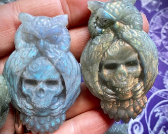 Búho + calavera, labradorita tallada, espacio del altar, magia personal, magia de luna nueva, Samhain, Halloween, vibraciones de brujas