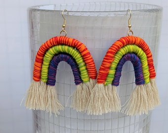 Rainbow Earrings, Macrame Earrings, Pride Earrings, Fringe Earrings, All Gender Earrings, Gender Neutral Earrings, Nonbinary Earrings