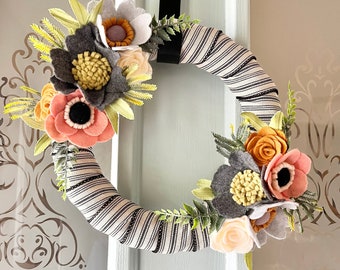 Poppy Felt Flower Wreath/ Ticking Stripe