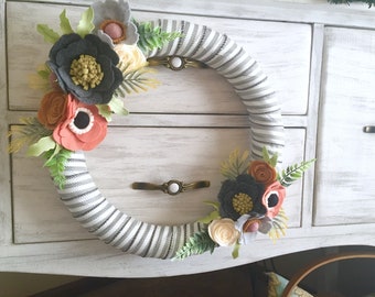 Ticking Stripe Felt Flower Bouquet Wreath