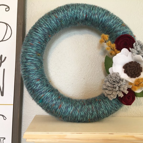 Blue yarn felt flower wreath // Two sizes to choose from- 10" & 14"