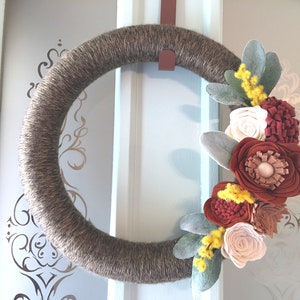 Fall Felt Flower & Lambs Ear Yarn Wreath w/mustard berries