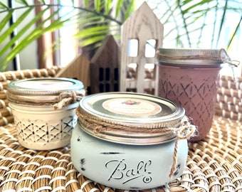 Soy candles in painted and distressed jars // Many delightful scents to choose from!