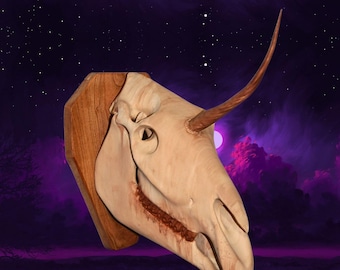 Unicorn of Dreams with cherry wood back: North American Oddities Decor, Aged Bone Effect