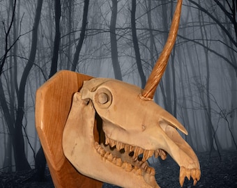 Unicorn of Nightmares with cherry wood back: North American Oddities Decor, Aged Bone Effect