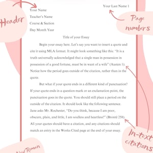 May include: A pink and white graphic with the text "MLA FORMAT BASICS" in black. The graphic explains how to format citations in an essay using MLA style. The graphic includes the text "Times New Roman 12 pt. font double spaced" and "In-text citations".