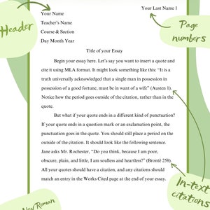 May include: A guide to MLA format basics, featuring a green and white design. The text includes information on headers, page numbers, in-text citations, and font specifications. The document provides examples and instructions for essay writing.