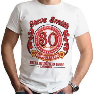 30th Birthday T-Shirt Personalised T-Shirt Birthday Gift For Him Thirty Birthday T Shirt Any Name Any Age Place T-Shirt 30 1993