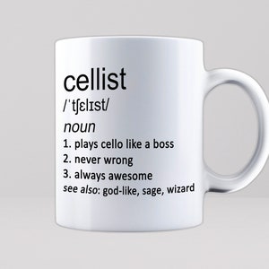 Cellist White 11oz Mug Cello Orchestra Music Band Classical Gift Coffee Tea Cup Strings Instrument Teacher
