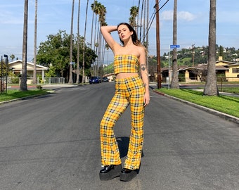 Plaid Tartan Bell Bottom | Flare Pants Clueless Costume | 90s Outfit | Yellow Plaid Pants |