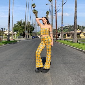Plaid Tartan Bell Bottom | Flare Pants Clueless Costume | 90s Outfit | Yellow Plaid Pants |