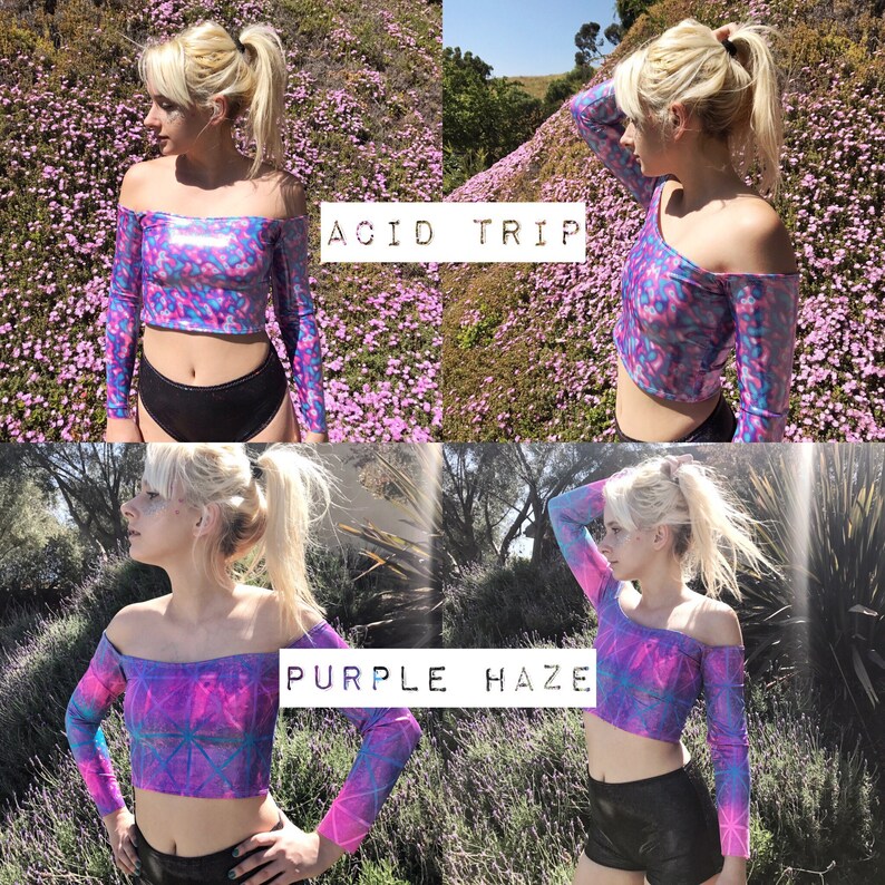 Holographic Off Shoulder Top Psychedelic Rave Top Psychedelic Crop Top Long Sleeve Rave Crop Top EDC Off Shoulder Top