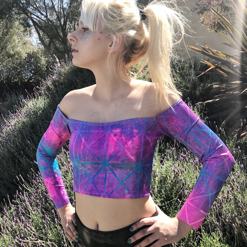 Holographic Off Shoulder Top Psychedelic Rave Top Psychedelic Crop Top Long Sleeve Rave Crop Top EDC Off Shoulder Top