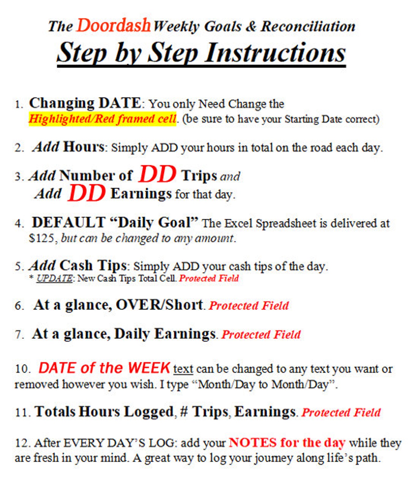 The Original DOORDASH Weekly Goals & Reconciliation SPREADSHEET