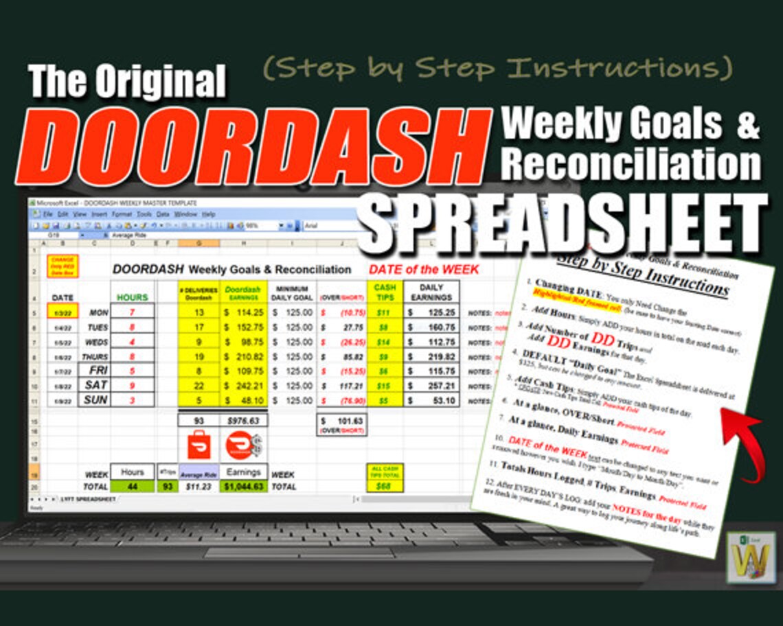 The Original DOORDASH Weekly Goals & Reconciliation SPREADSHEET