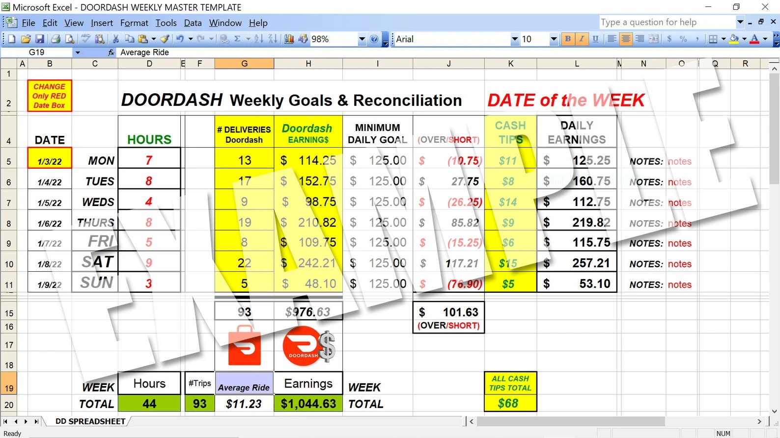 The Original DOORDASH Weekly Goals & Reconciliation Etsy