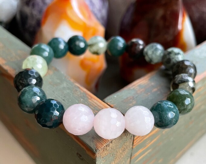 Heart Shine II Bracelet | Bloodstone, Kambaba Jasper, Moss Agate, Prehnite + Rose Quartz | Heart Chakra | Spiritual Junkies | Yoga