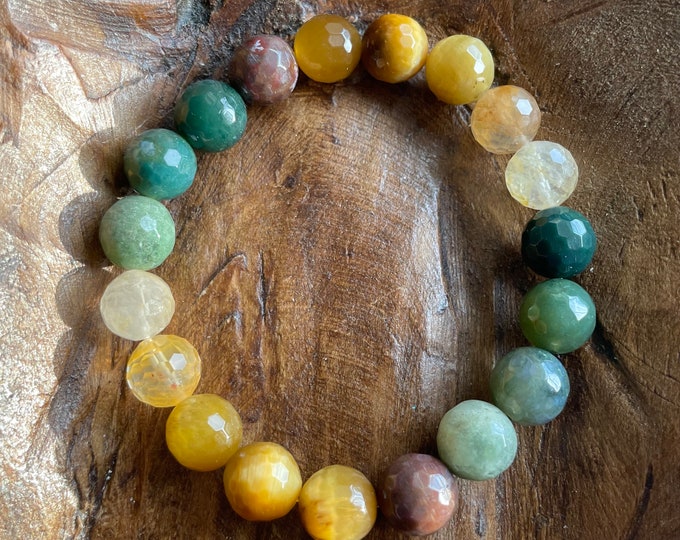 Earth Energy Bracelet | Chunky Golden Tiger Eye, Citrine, Indian Agate + Moss Agate | 10 mm | Spiritual Junkies