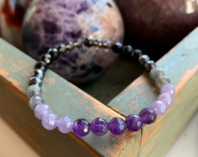 Mini Empath Support Bracelet | Smoky Quartz, Tourmaline, Hematite, Labradorite, Lepidolite + Amethyst Bracelet | Spiritual Junkies