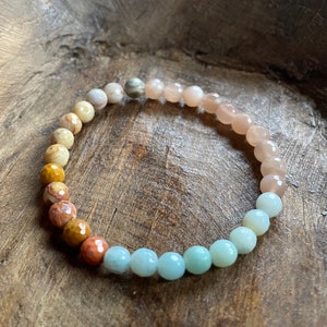 May include: A beaded bracelet featuring a variety of natural stone beads in shades of tan, brown, peach, and light blue. The bracelet is strung on an elastic cord and is displayed on a wooden surface.