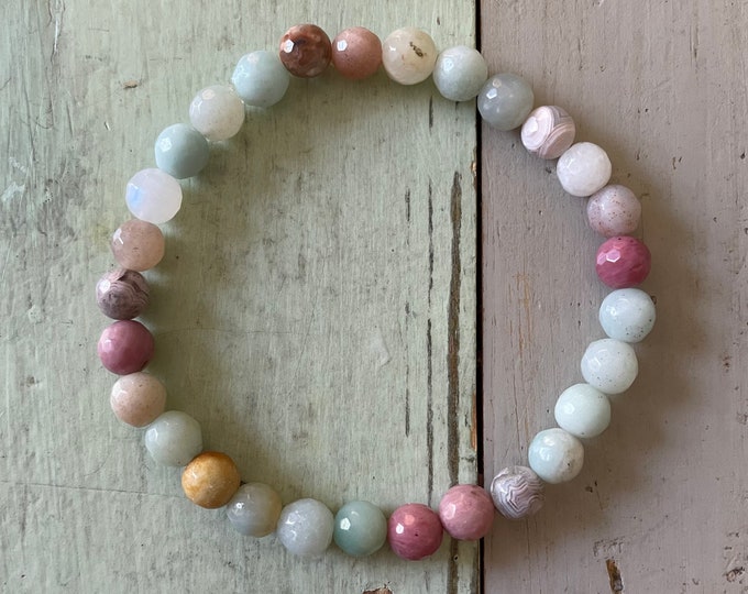 Mini Dharma Drops Bracelet | Amazonite, Rhodonite, Crazy Lace Agate, Moonstone, + Sunstone | 6 mm | Spiritual Junkies | Yoga