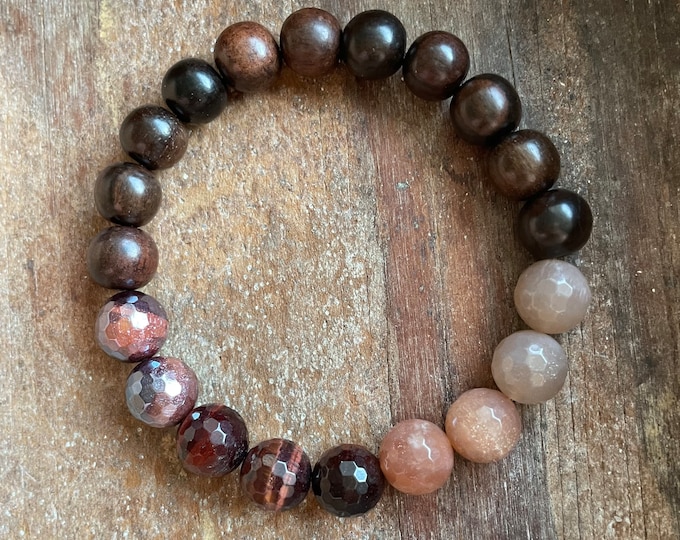 Eclipse Season Bracelet | Chunky Ebony Wood, Mystic Red Tiger Eye, Red Tiger Eye, Golden Sunstone + Moonstone| 10 mm | Spiritual Junkies