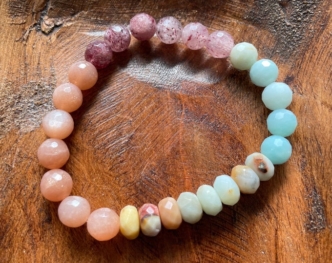 Soul Sister II Bracelet | Strawberry Sunstone, Strawberry Quartz, + Amazonite | 8 mm | Spiritual Junkies | Yoga