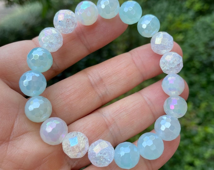 Sea Glass Feels Bracelet | Chunky Mystic Mermaid Ocean Blue Agate, Mystic Rainbow Agate, + Aura Cracked Quartz | 10 mm | Spiritual Junkies