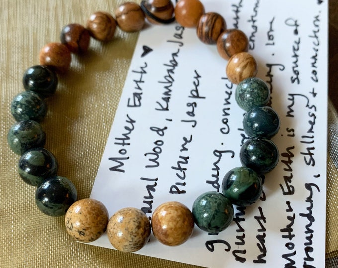 Mother Earth Bracelet | Natural Wood, Kambaba Jasper + Picture Jasper | Spiritual Junkies | Yoga + Meditation | Mala Beads