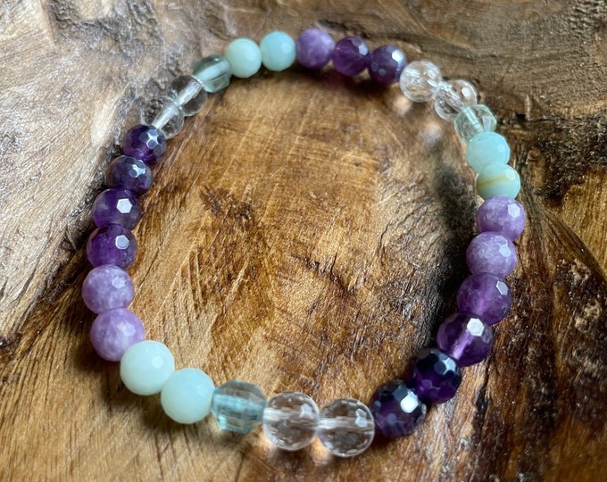 Mini Cosmic Quest Bracelet | Mystic Amethyst, Amethyst, Lepidolite, Amazonite, Fluorite, + Quartz Crystal | 6 mm | Spiritual Junkies