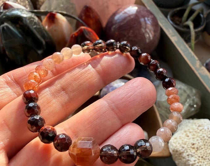 Mini Goddess Beltane Bracelet | Smoky Quartz, Lodolite, Red Tiger Eye, + Sunstone | 6 mm | Spiritual Junkies