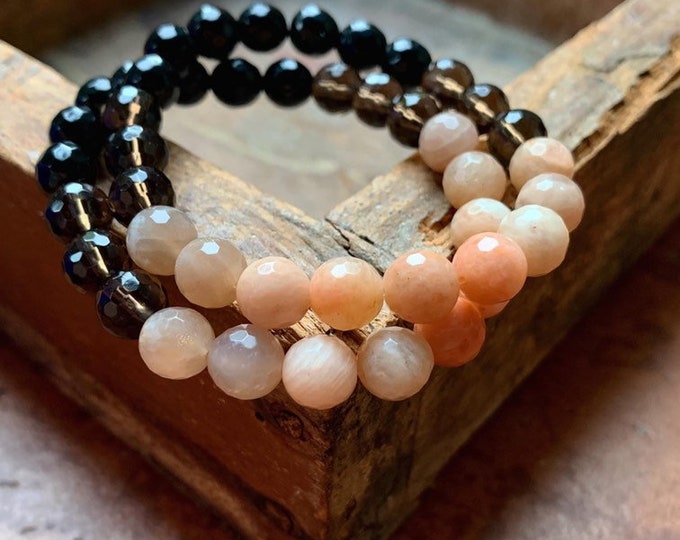 Solar Eclipse Bracelet | Onyx, Smoky Quartz + Strawberry Sunstone Ombré | Avg 8 mm | Spiritual Junkies | Single Yoga Mala