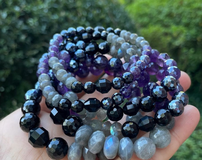 Witchy One Bracelet | Onyx, Mystic Onyx, Amethyst, Mystic Amethyst, + Labradorite | 8 or 10 mm | Spiritual Junkies