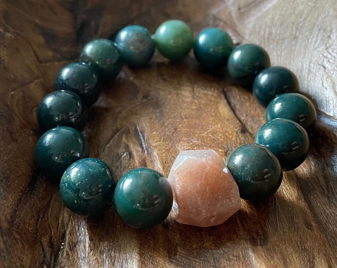 Everglade Super Chunky Moss Agate + Sunstone | 12 mm | Spiritual Junkies | Yoga + Meditation | Stackable Mala Beads