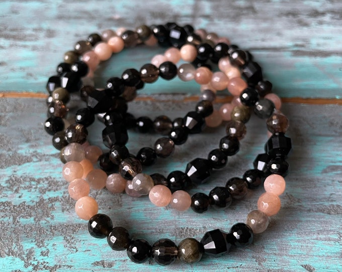 Mini Smoke Show Bracelet | Onyx, Golden Rainbow Obsidian, Smoky Quartz + Moonstone | 6 mm | Spiritual Junkies | Yoga | Mala Beads