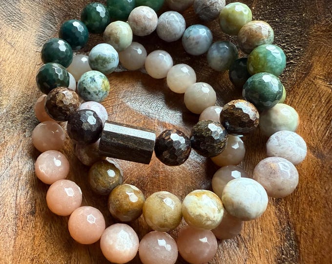 Earthy Bracelet Stack | Chunky Moss Agate,  Bloodstone, Bronzite, Indian Agate, Sunstone + Moonstone | 10 mm | Spiritual Junkies