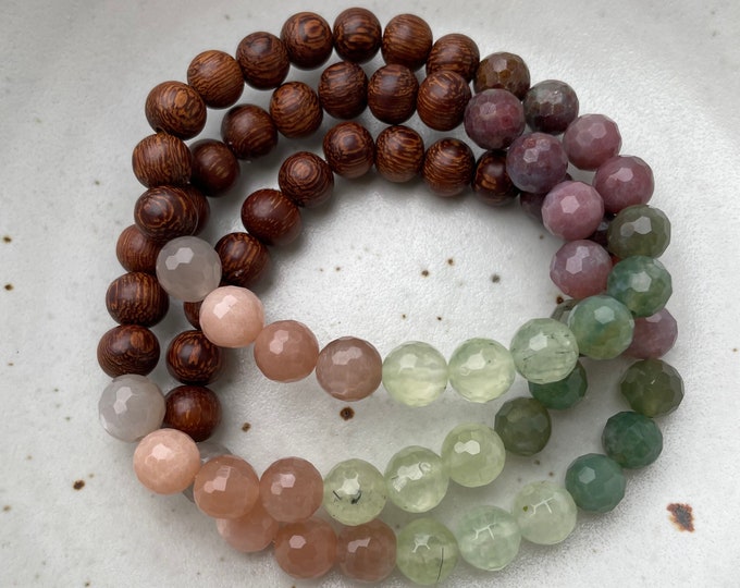 In Joy Bracelet | Natural Wood, Moonstone, Prehnite, Fancy Jasper + African Ruby | 8 mm | Spiritual Junkies | Yoga Jewelry