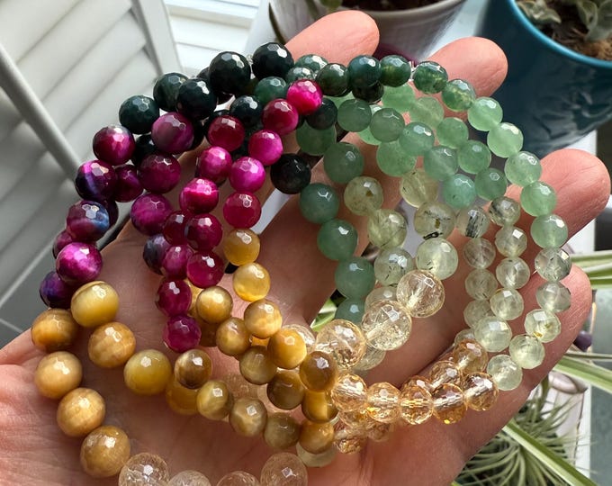 March Mala of the Month | Happy Go Lucky Bracelet Moss Agate, Tiger Eye, Citrine, Prehnite + Aventurine | St Patricks Day Spiritual Junkies