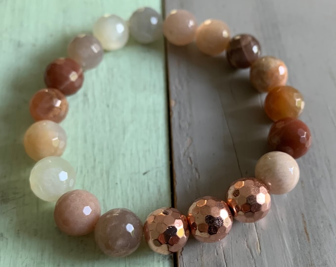 Chunky Summer Lovin’ Bracelet | Sunstone, Moonstone + Rose Gold Hematite | 10 mm | Spiritual Junkies | Yoga + Meditation | Mala Beads