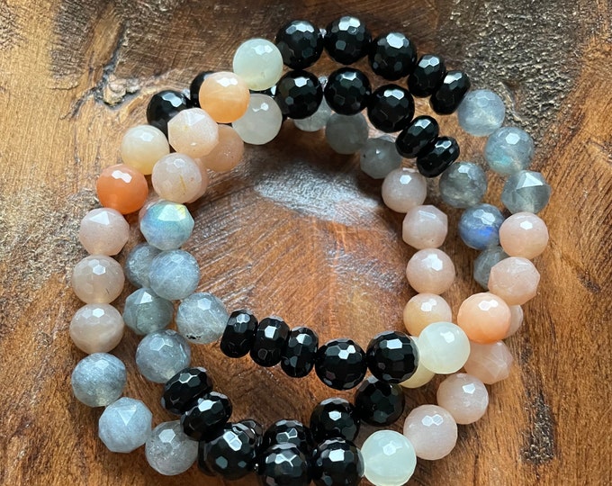 Eclipse Support Bracelet | Onyx, Labradorite, Sunstone + Moonstone | 8 mm | Spiritual Junkies | Mala Beads | Yoga