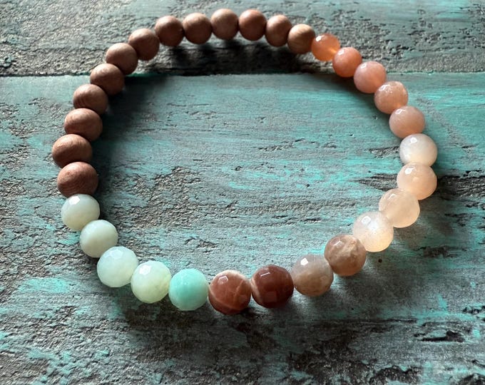January Mala of the Month | Mini Winter Waves Bracelet | Rosewood, Amazonite, Moonstone + Sunstone | 6 mm | Spiritual Junkies | Yoga Mala